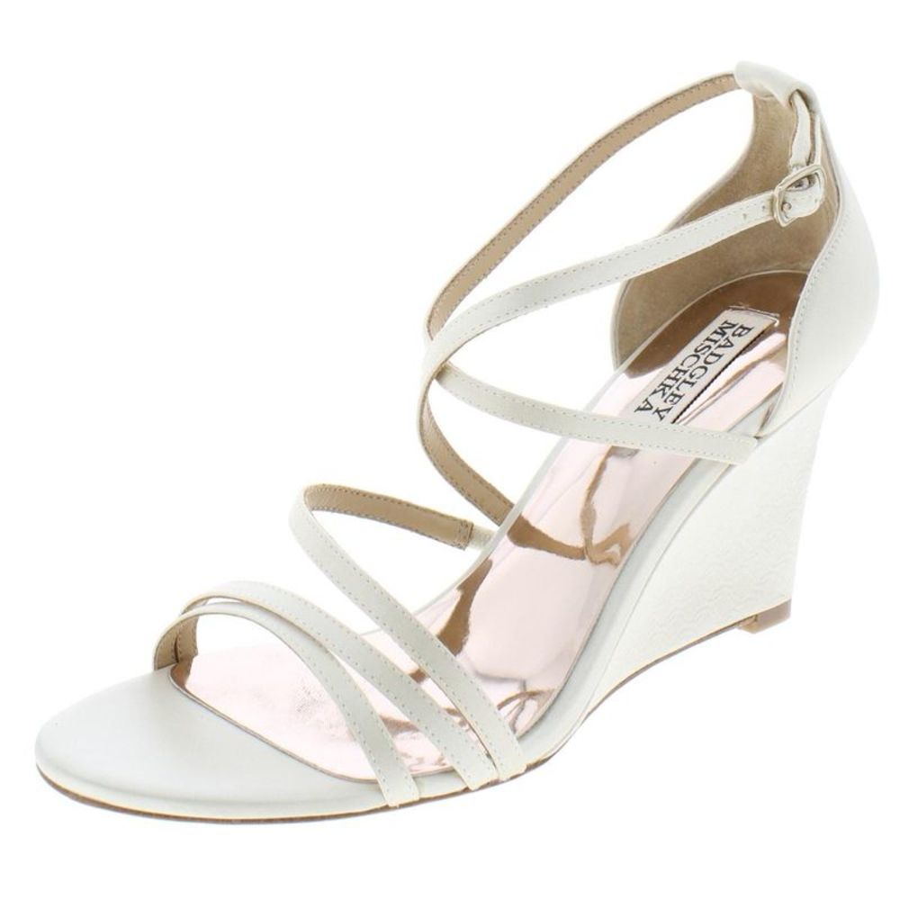 Badgley Mischka Womens Bonanza Ivory Satin Wedge Evening Sandals Shoes NWT Sz 9